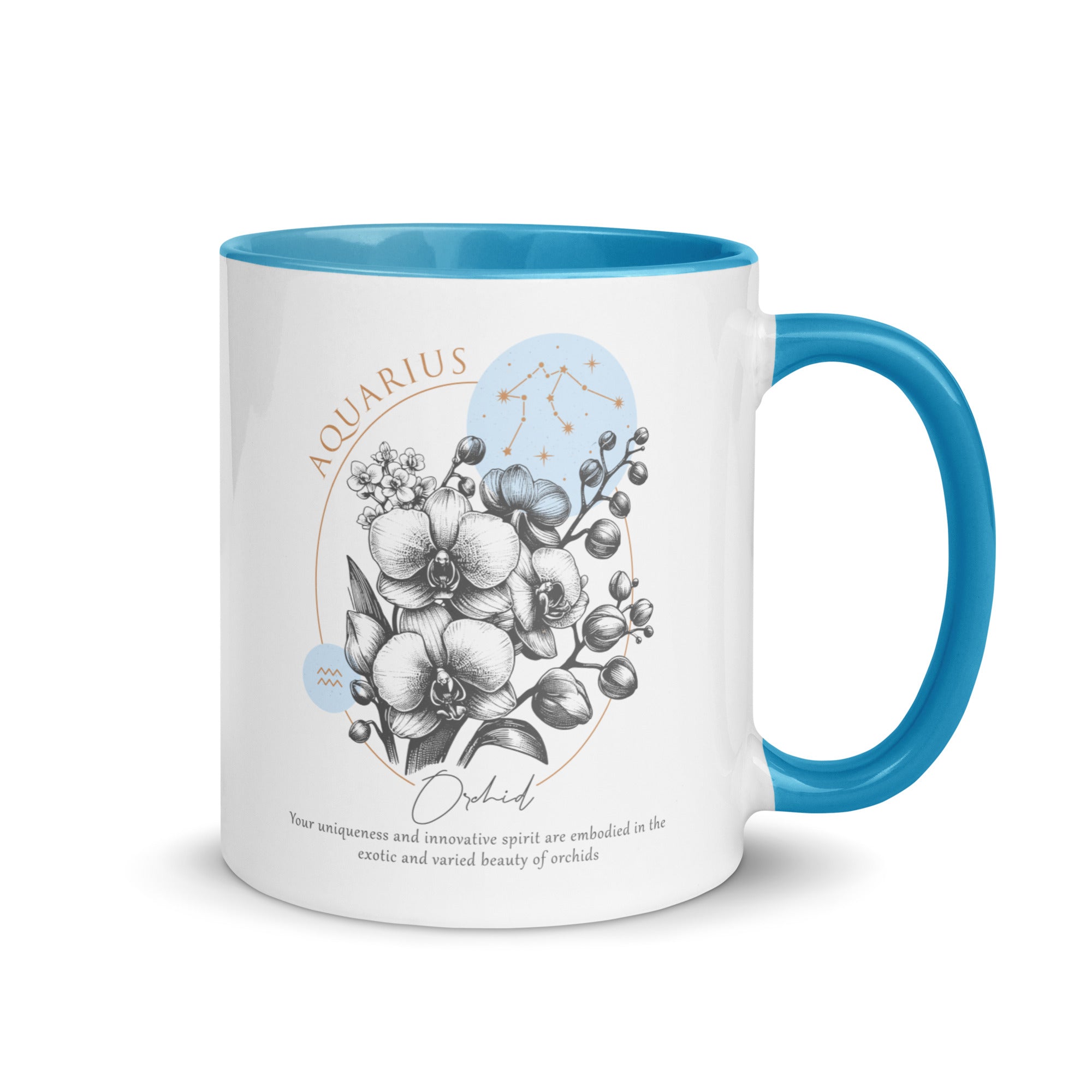 Aquarius Zodiac Orchid Birth Flower 11 oz Mug with Blue Handle - https://ascensionemporium.net